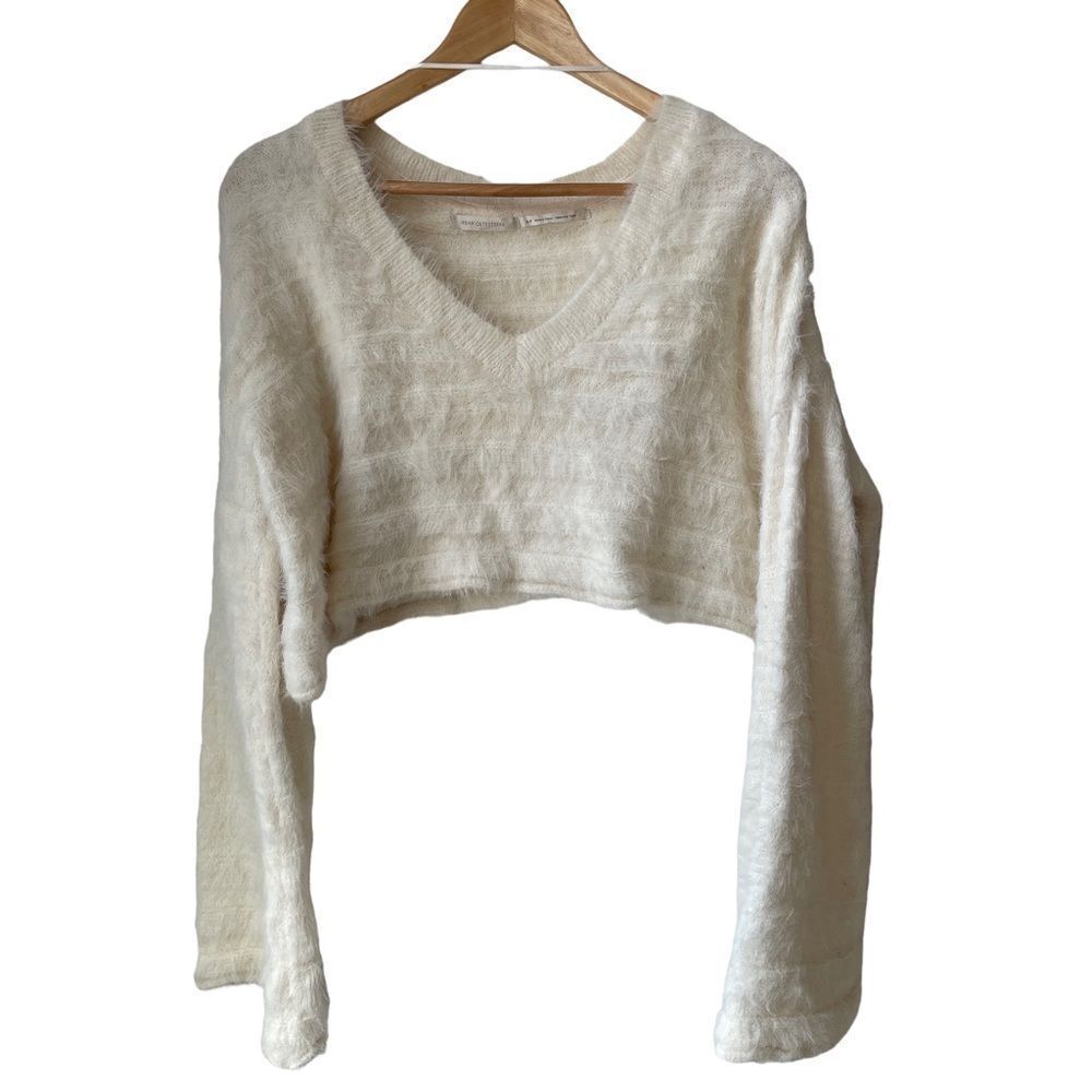 Urban Outfitters UO crop cream v neck fuzzy knit crop sweater with bell  sleeves